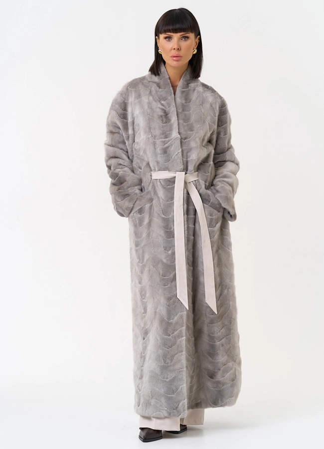 фото Длинная шуба из меха норки с поясом модель № 31295