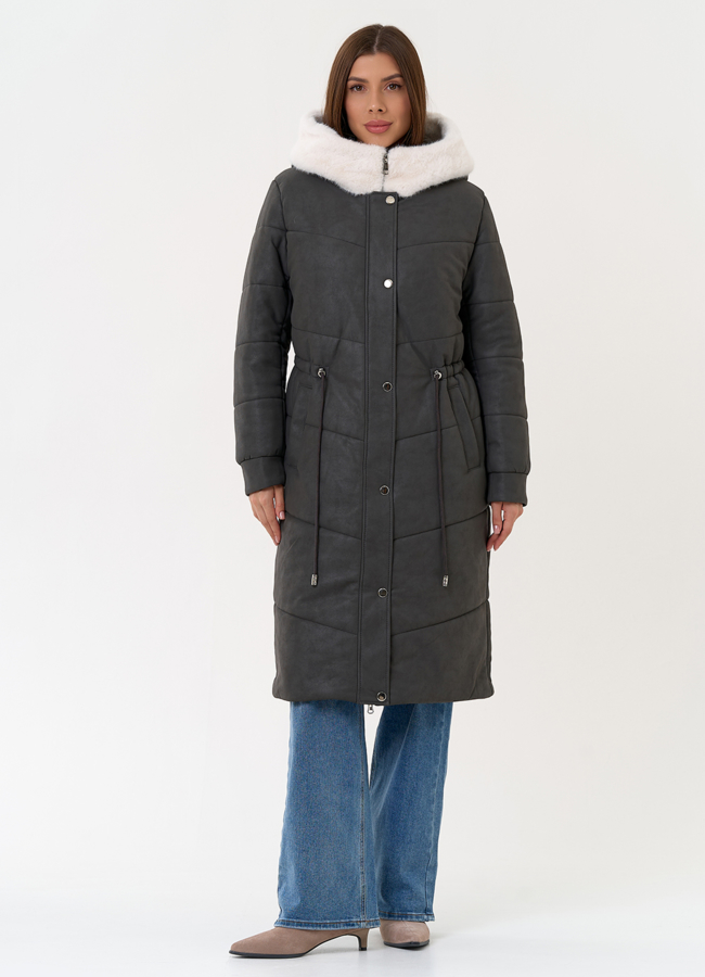 Женское пальто из эко кожи с капюшоном модель № 30731 в рассрочку