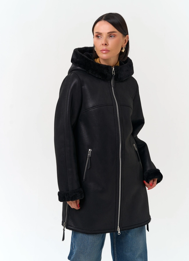 Женская дубленка из эко замши модель № 33890 универмаг малина