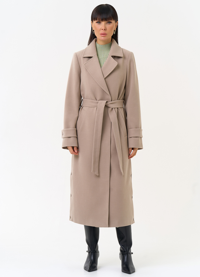 Женское пальто бежевого цвета с поясом модель № 31558 в кредит