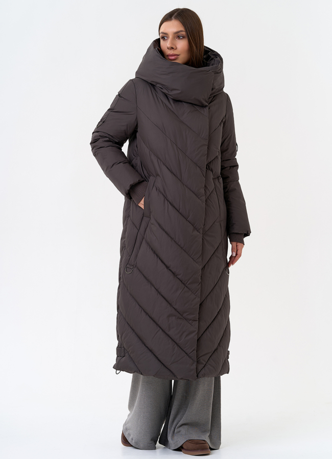 Женский длинный пуховик с капюшоном модель № 31394 универмаг малина