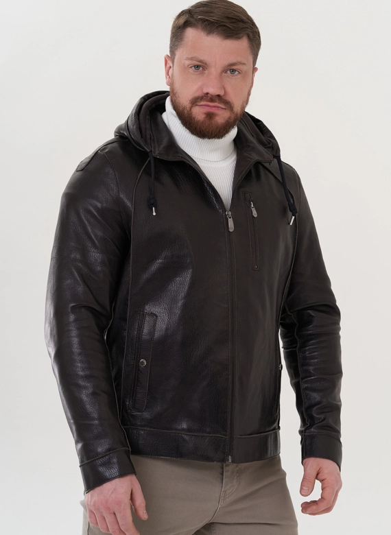 Мужская кожаная куртка с капюшоном