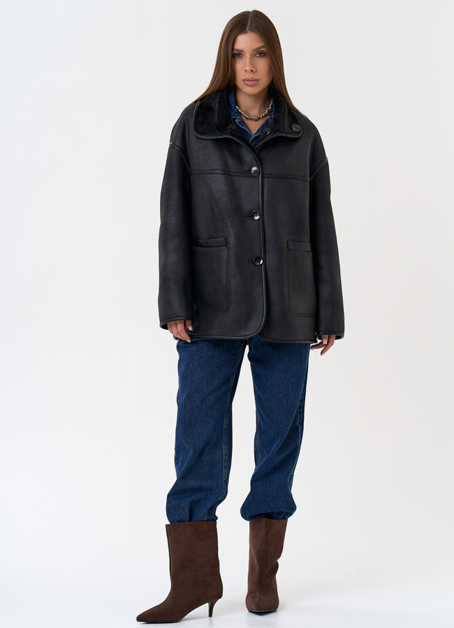 Женская двухсторонняя дубленка из эко замши в черном цвете модель № 31286 универмаг малина