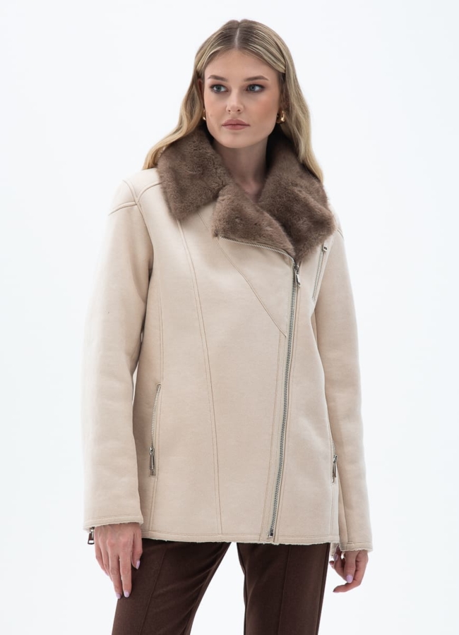 Женская дубленка из эко кожи с отделкой из эко меха модель № 32026 универмаг малина