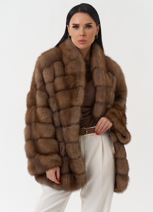 Шуба из куницы с воротником шаль модель № 30478 меха малина