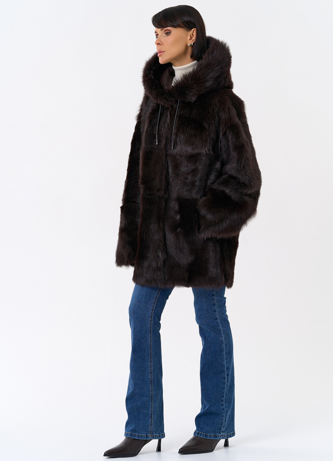 Женская двухсторонняя дубленка с капюшоном модель № 31851 универмаг малина