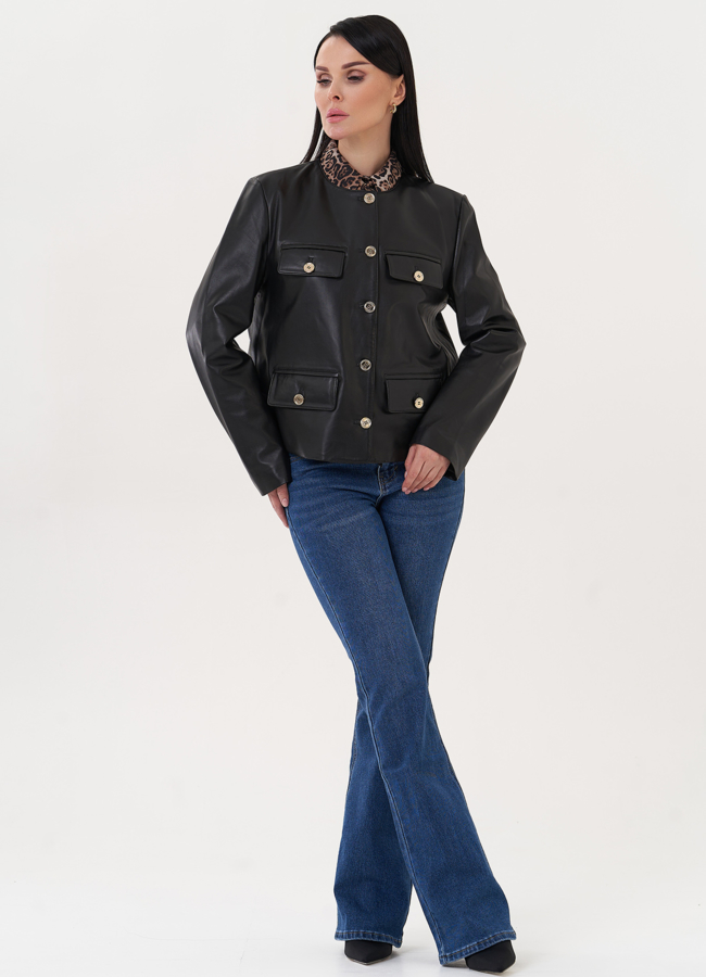 фото Жакет из натуральной кожи с акцентными пуговицами модель № 500120