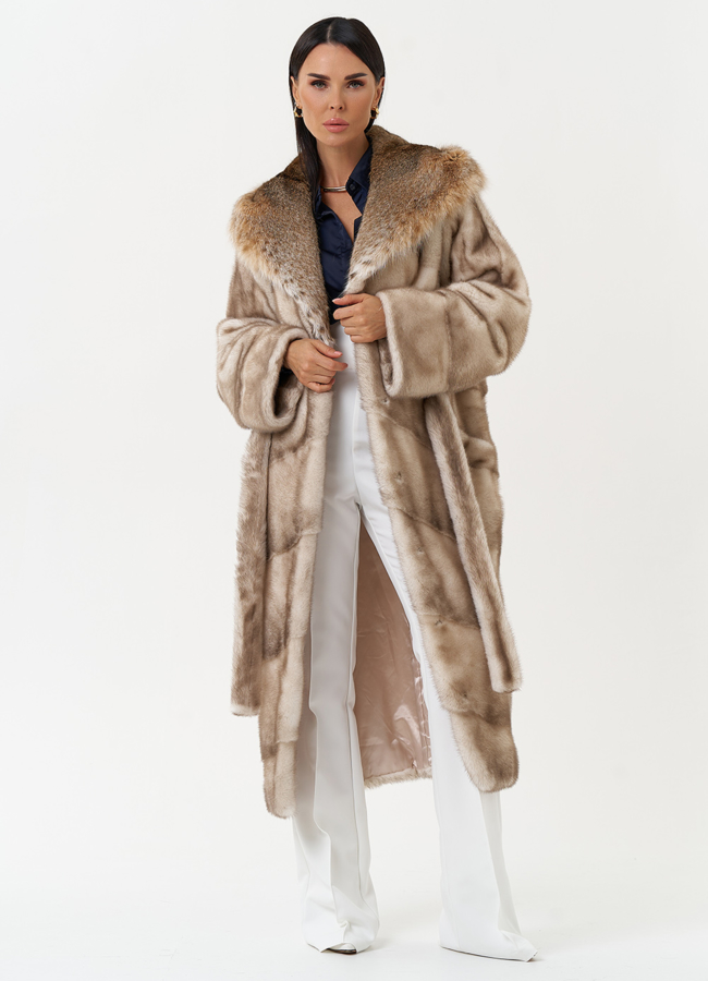 Женская шуба из меха норки с капюшоном из меха рыси модель № 31161 универмаг малина