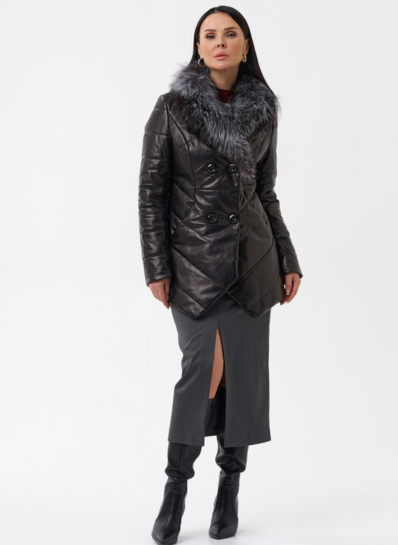 Кожаный пуховик с мехом из чернобурки