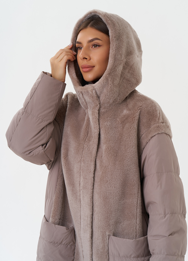 Комбинированное пальто с капюшоном модель № 28673 универмаг малина