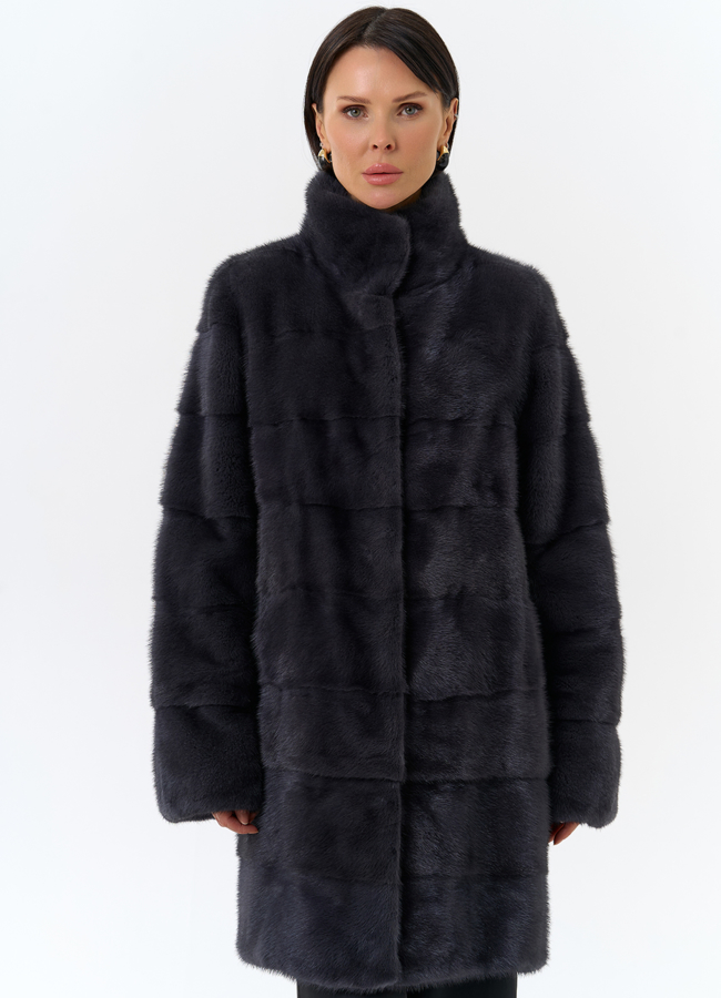 Норковая шуба с воротником стойка в цвете графит модель № 25926 меха малина