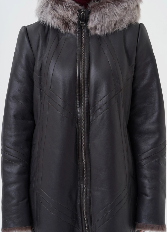 Дубленка с отделкой из тосканы с капюшоном модель № 28698 в кредит