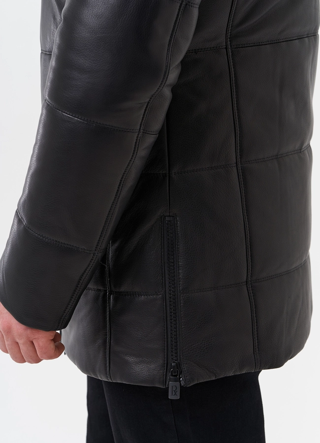 Пуховик из натуральной кожи с отделкой из меха енота модель № 25458 универмаг малина