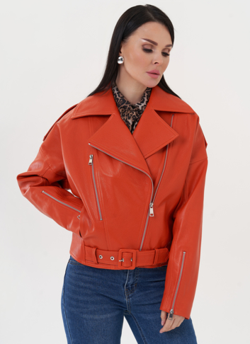 Кожаная куртка "косуха" оранжевого цвета