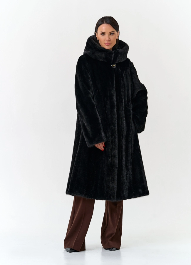 Шуба из меха норки с капюшоном модель № 32681 меха малина