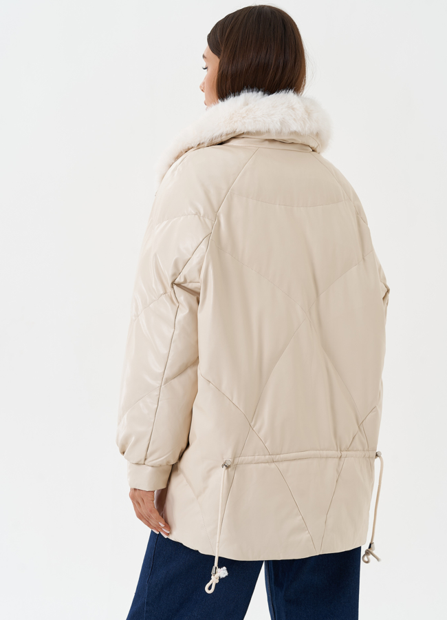 Пуховик из эко кожи с воротником из эко меха модель № 27990 универмаг малина