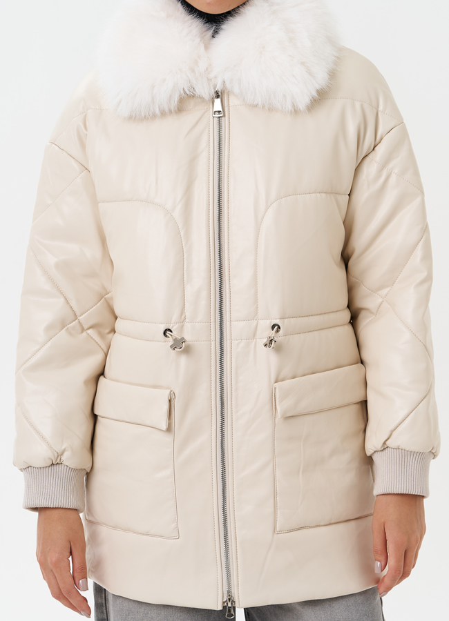 Пуховик из эко кожи с мехом песца модель № 25497 универмаг малина