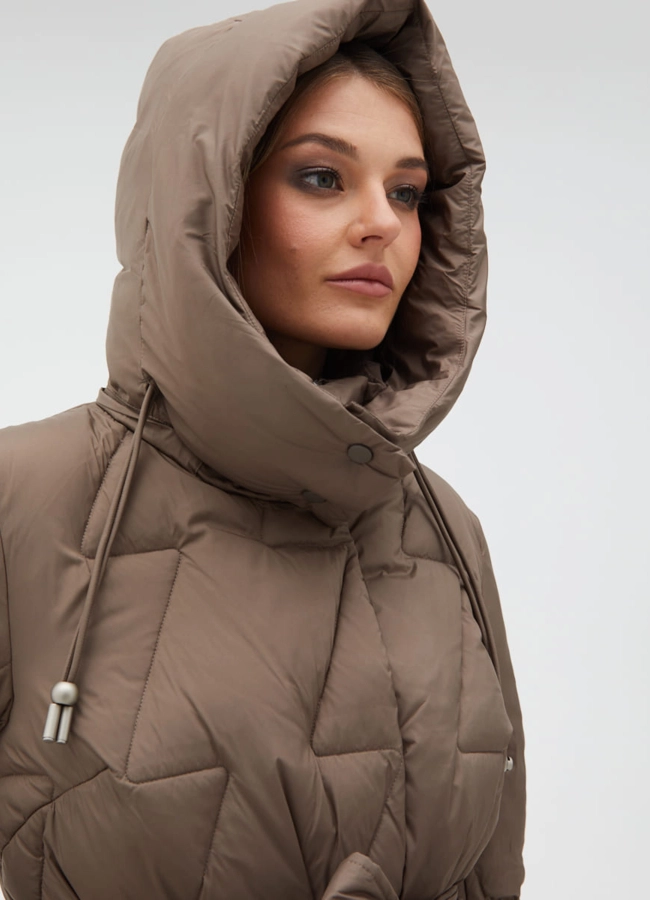 Женский пуховик с поясом модель № 31131 универмаг малина