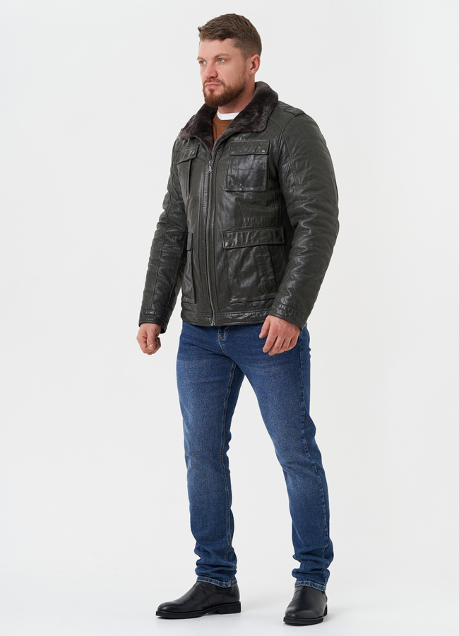 Мужская утепленная кожаная куртка  модель № 28074 универмаг малина