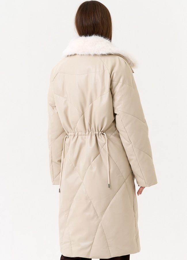 Женский пуховик из эко кожи с отделкой из эко меха модель № 30714 в кредит